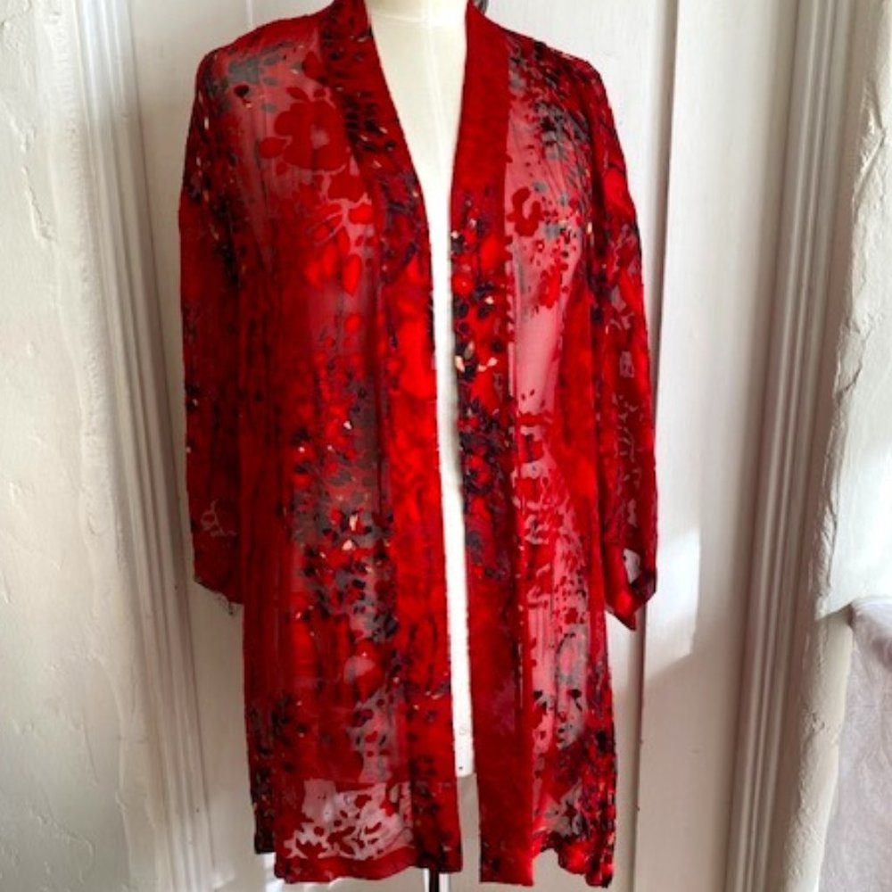 Draper’s & Damon’s Sheer Silk and Velvet Print Kimono Top OS